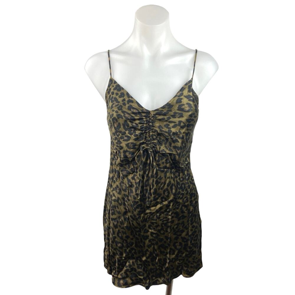 Zara Silk Satin Multicolor Animal Leopard Print Ruched Sleeveless Slip Dress S